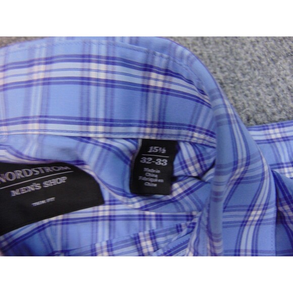 NordStrom Shirt Mens 15.5x32/33 Trm Fit‎ Blue White Plaid - Picture 4 of 8